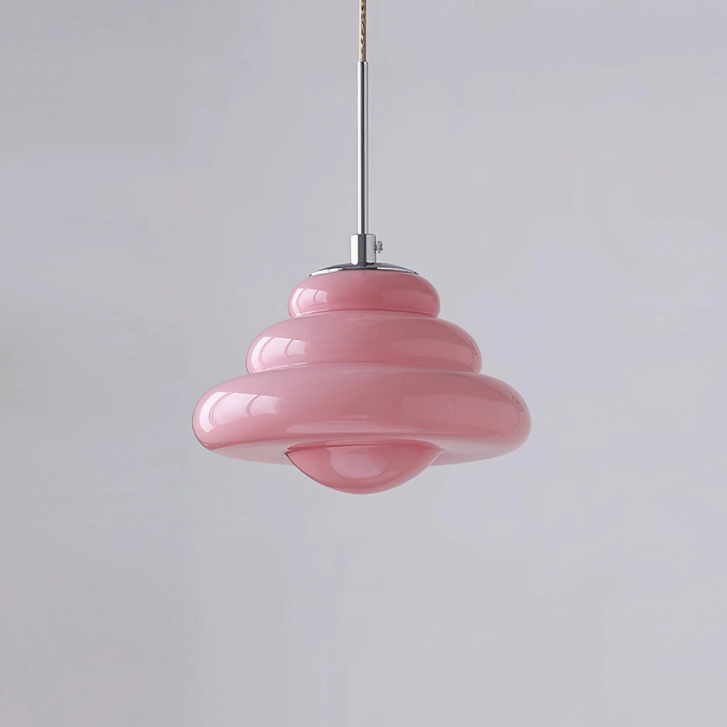 Pastel pink Art Deco tiered hanging lamp with glossy finish, studio front view
