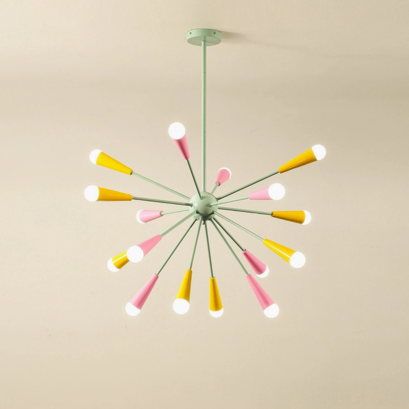 Pastel mint-green sputnik starburst chandelier, direct frontal view, yellow and pink conical lamp covers on warm beige background, clean retro design