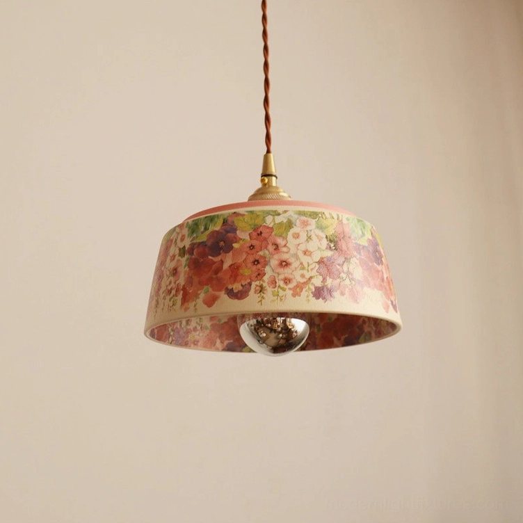 Pastellea 3-light linear pendant with wood bar and watercolor floral ceramic shades