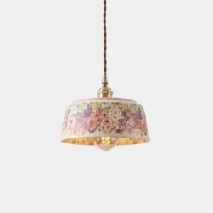 Pastellea watercolor floral ceramic pendant light with brass fittings and pink rim, close-up studio view