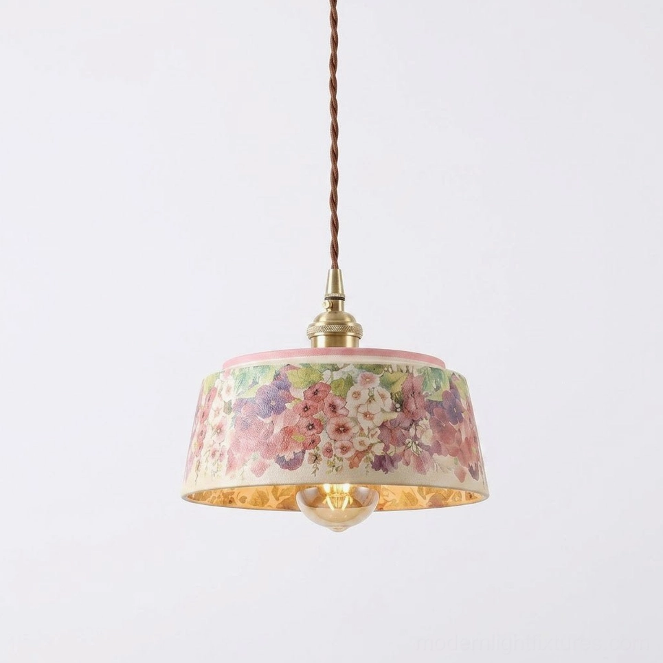 Pastellea single pendant light with watercolor floral ceramic shade and brass fitting
