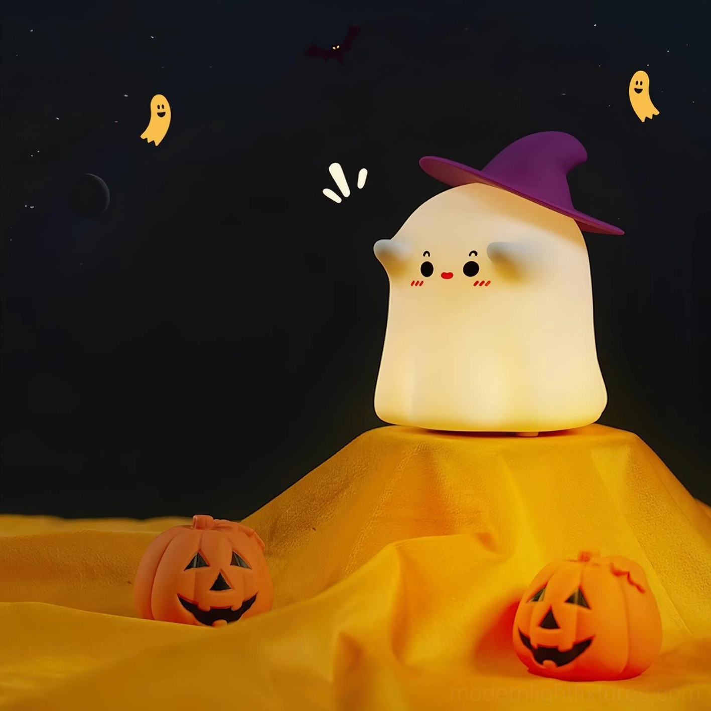 Tap-activated witch ghost night light glowing in dark bedroom environment