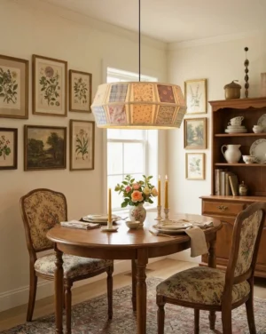 Patchwork fabric pendant light hanging in vintage farmhouse dining room, eye-level view with rustic table and traditional decor