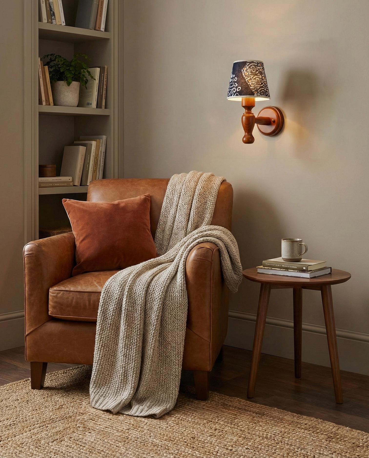Wall-mounted wooden sconce with patterned shade, interior design showcase