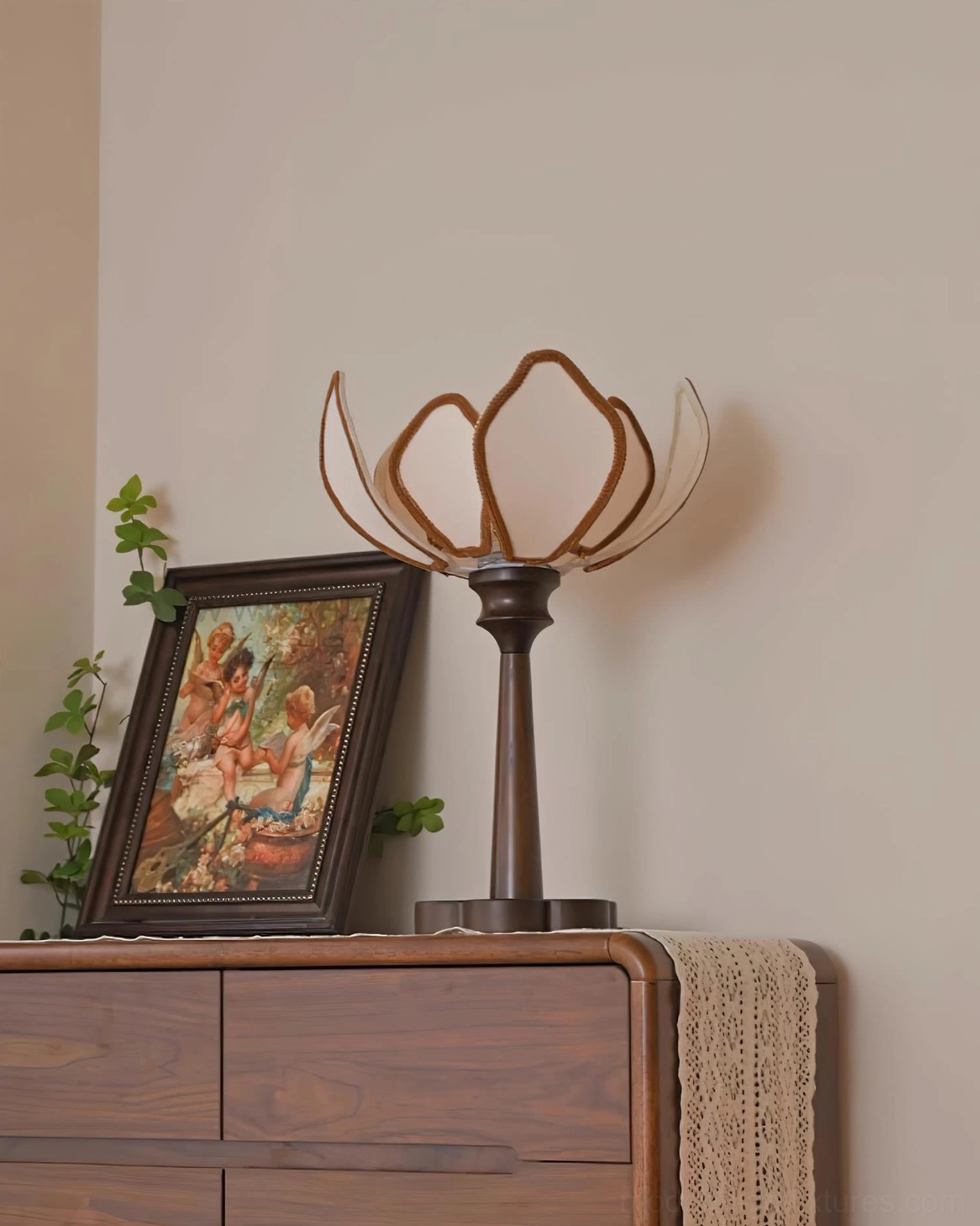 Pauline lotus table lamp complete product showcase with walnut base and fully opened beige petal design
