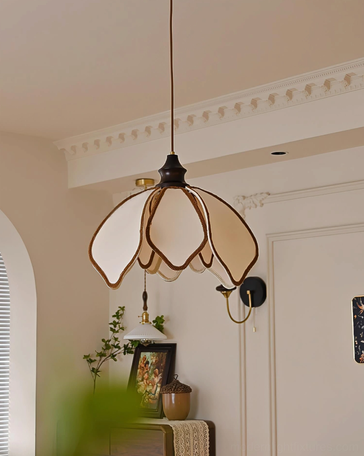 Pauline petal pendant light fabric shade detail close-up, beige fabric layered petals, premium material quality