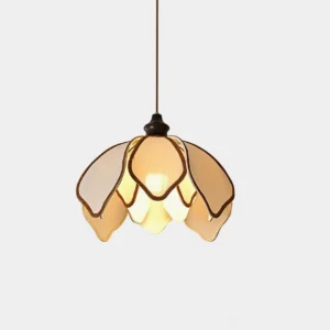 Pauline petal pendant light with layered fabric shade front view, walnut and beige color combination, minimalist design