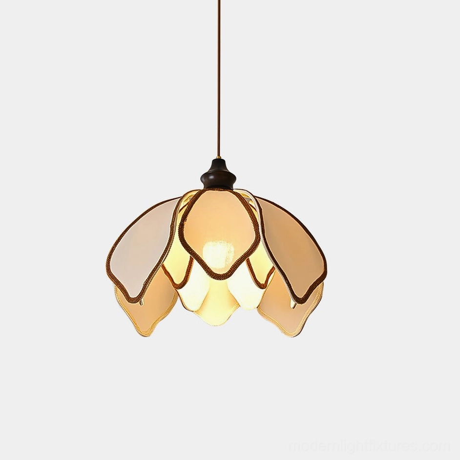 Pauline petal pendant light with layered fabric shade front view, walnut and beige color combination, minimalist design