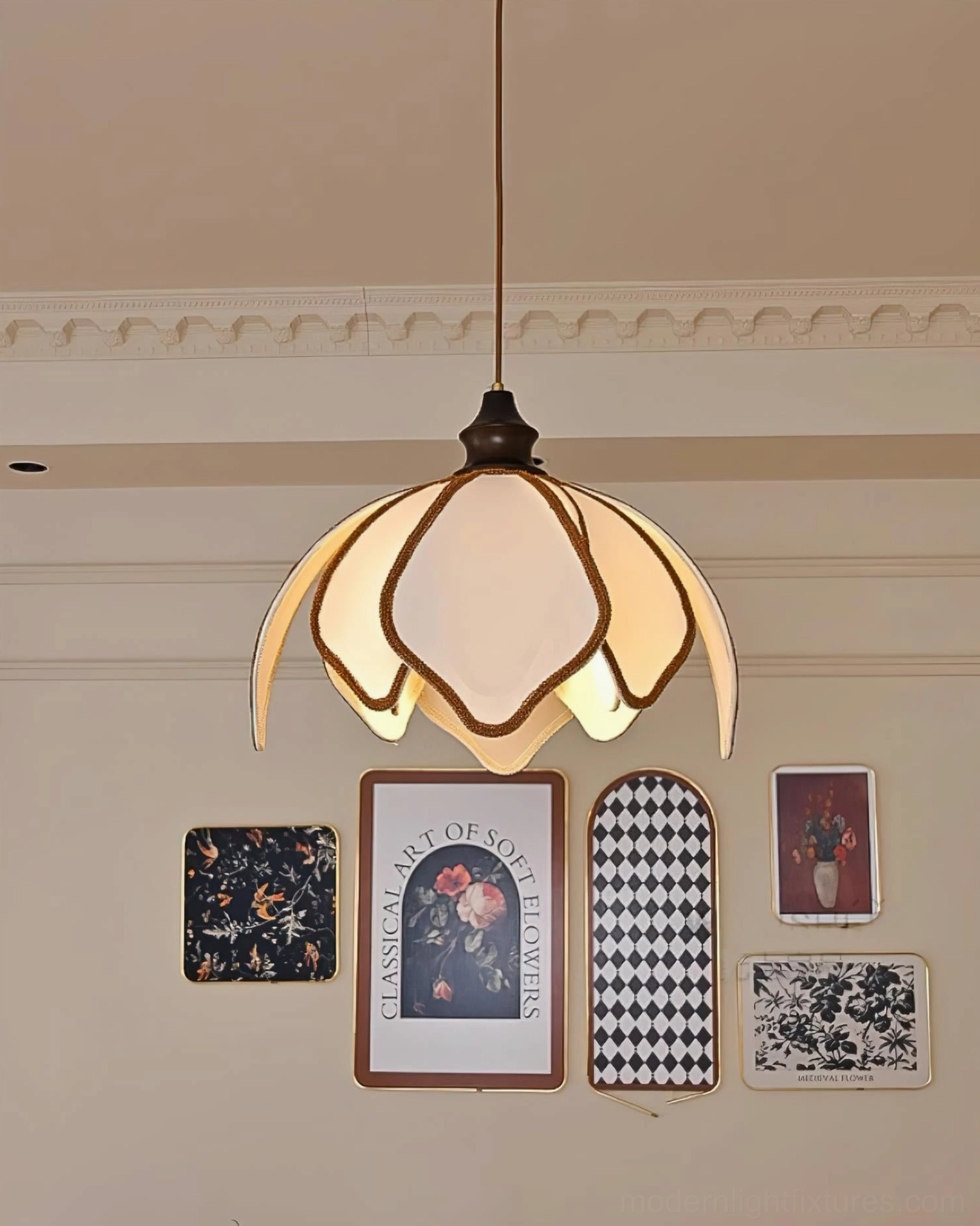 Pauline petal pendant light low front angle view symmetrical layered petal shape, gallery wall room setting