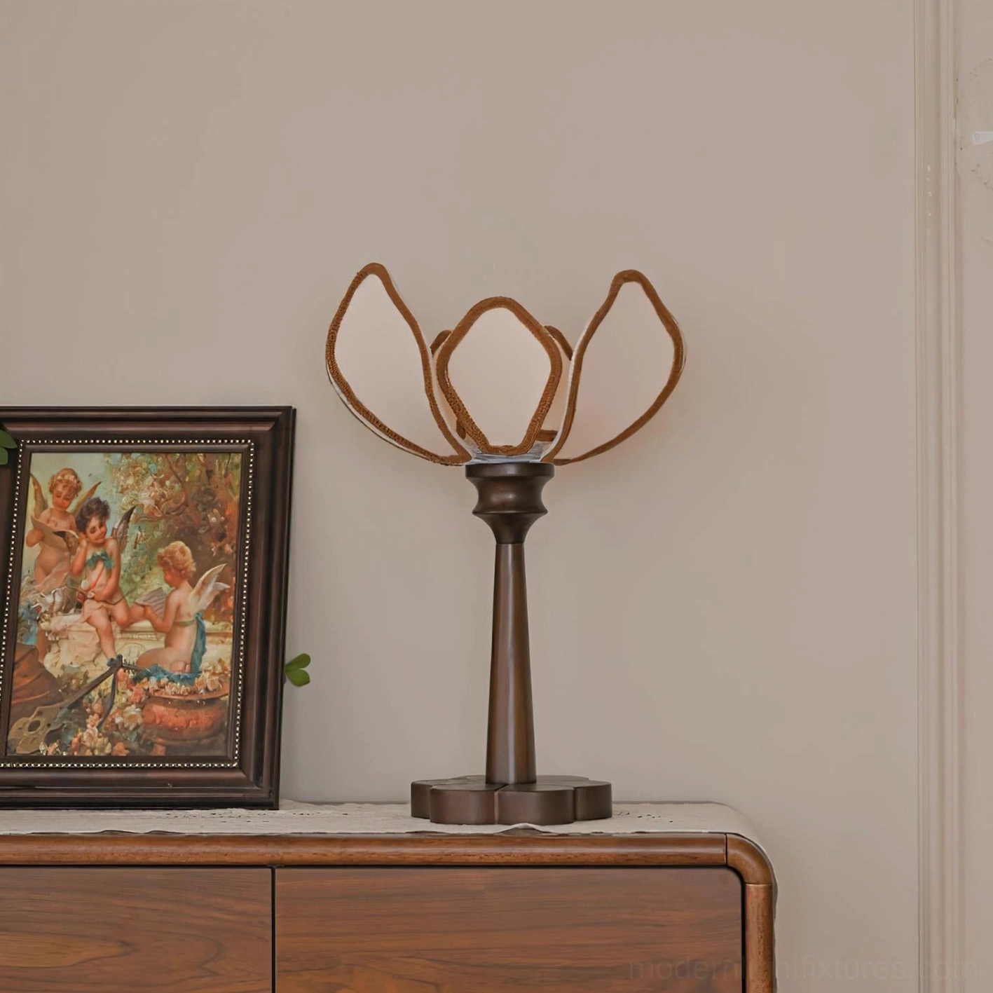 Pauline floral table lamp detailed close-up of beige fabric petals and decorative trim craftsmanship