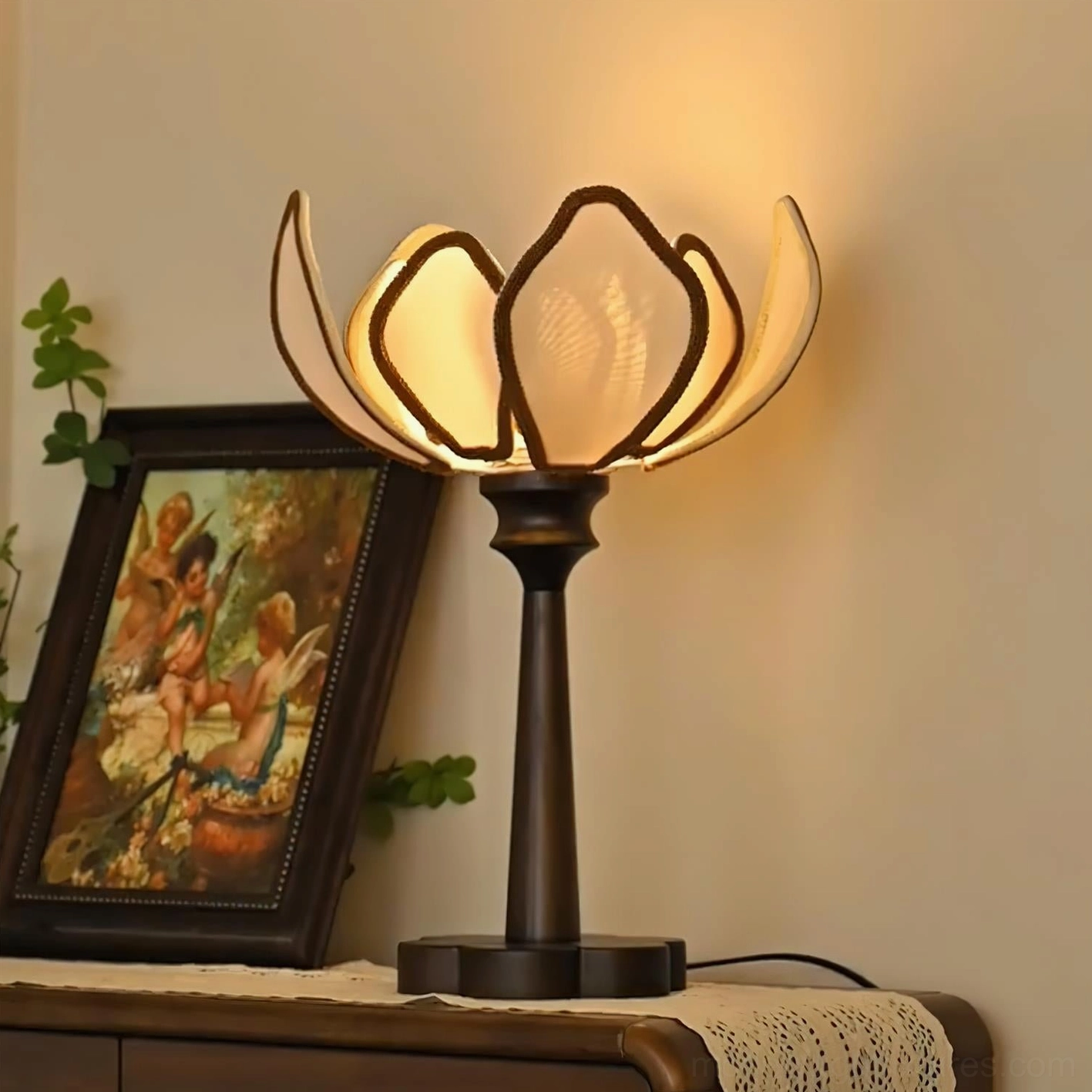Pauline botanical table lamp beside vintage decor and accessories, styling inspiration for interior design