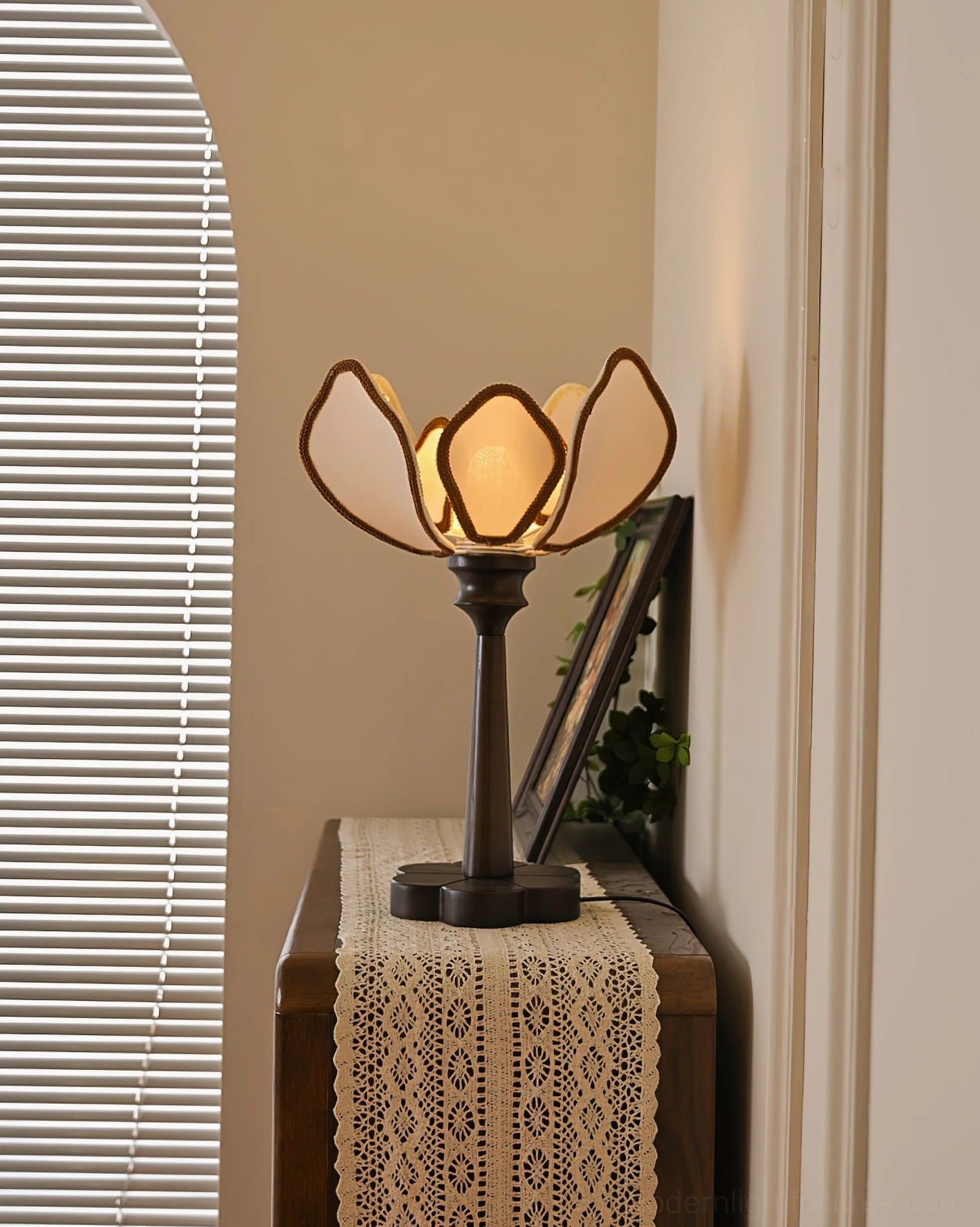 Illuminated Pauline table lamp on vintage dresser with louvered window and lace table runner, retro home decor