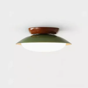 Paulo warm white dome flush mount ceiling light fixture, direct front view showing brown canopy and olive green saucer shade with frosted diffuser, minimalist design