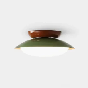 Paulo mid-century dome ceiling light with two-tone brown and olive green metal frame, frosted white diffuser, front low-angle product view on white background