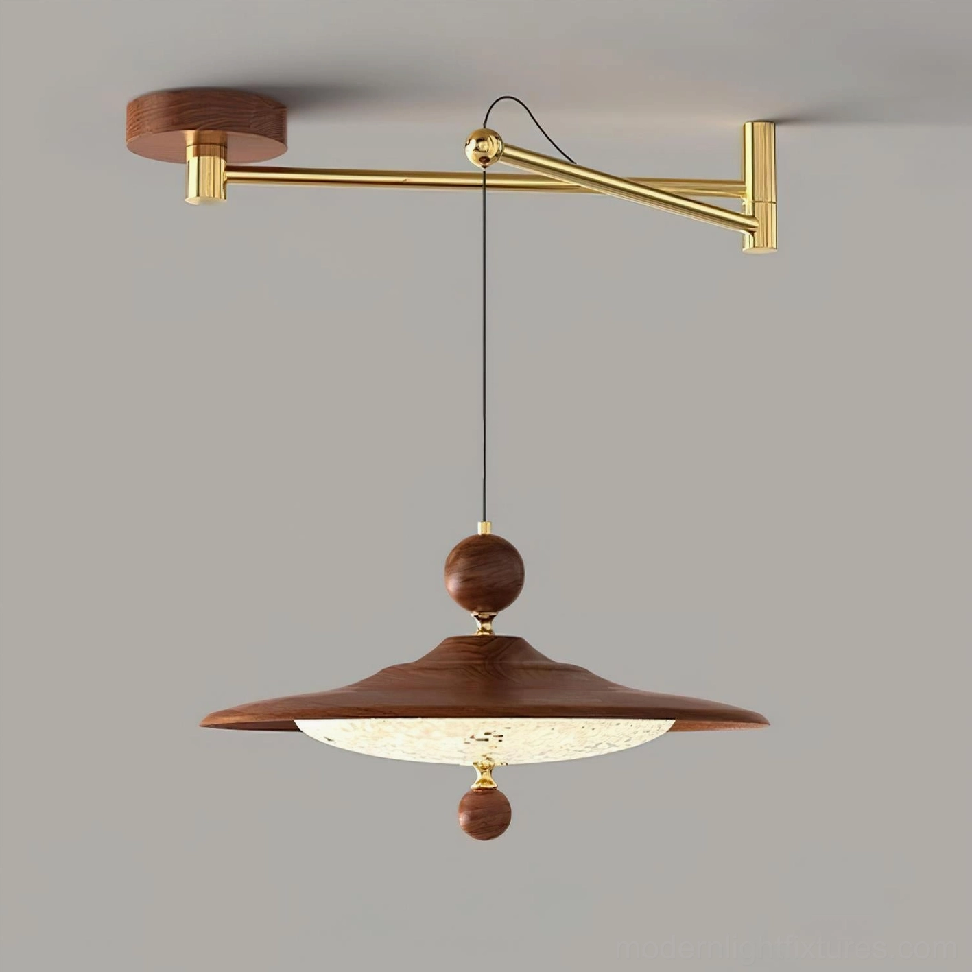 Pavilion swing arm pendant light studio photography, brass swing arm with walnut wood decorative elements, front facing product view