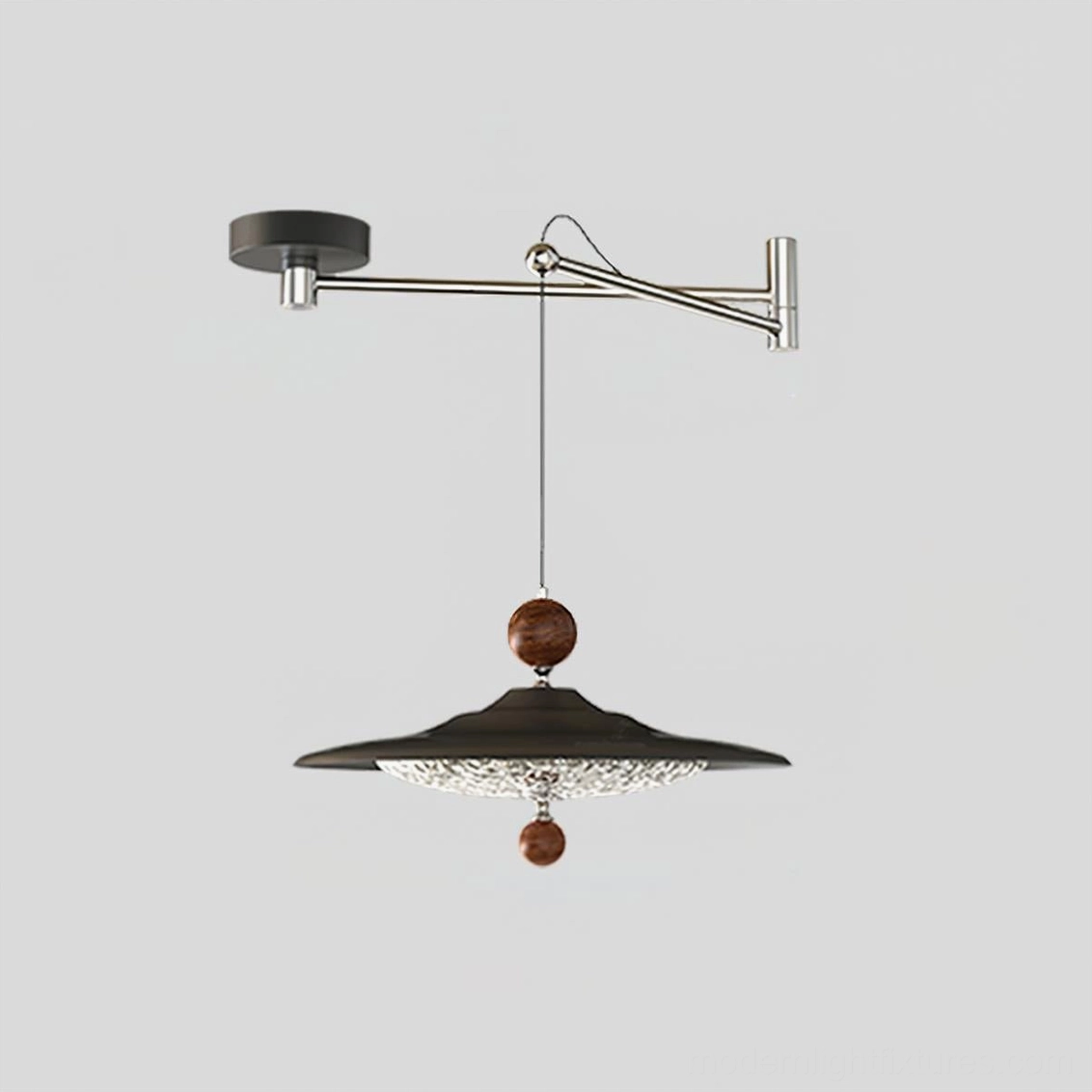 Pavilion swing arm pendant light in chrome and black finish, warm white 3000K LED technology, modern sculptural pendant lamp fixture