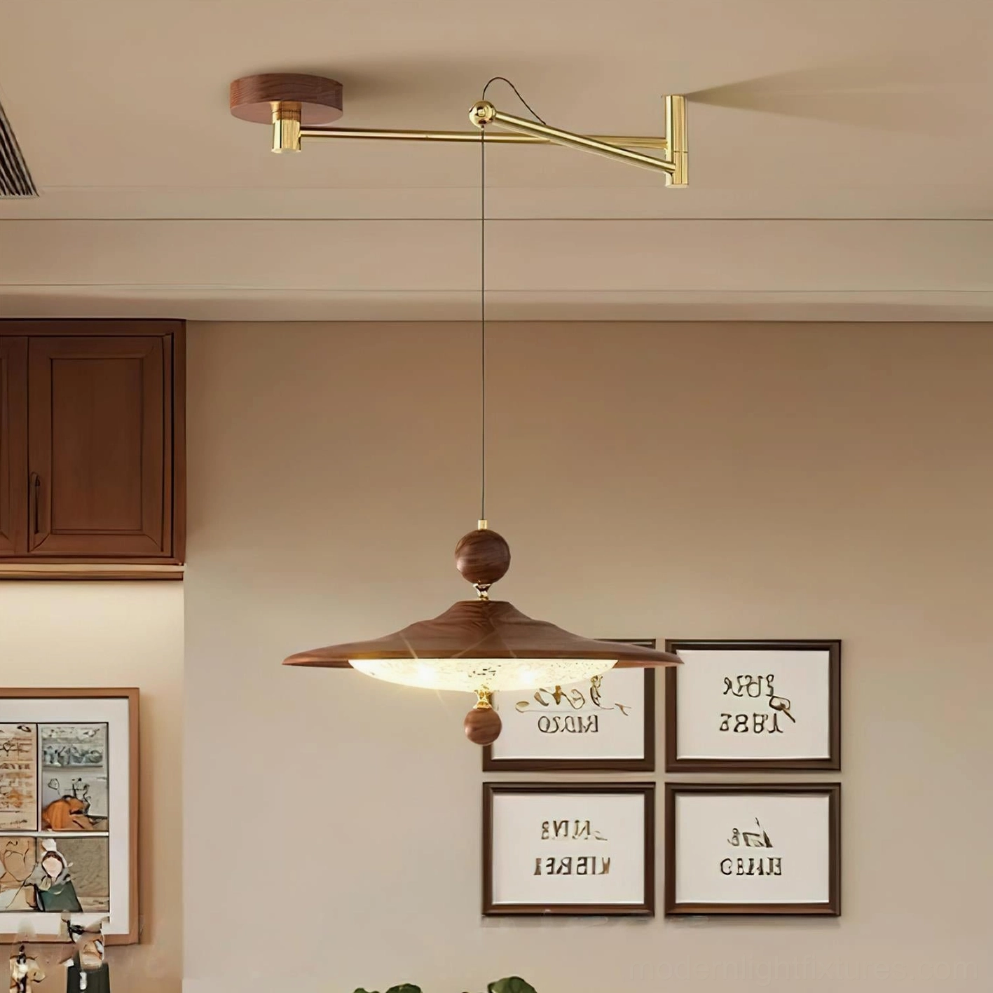Swing arm pendant light installed in modern dining room, warm ambient lighting over dining table with wall art decor, architectural light fixture