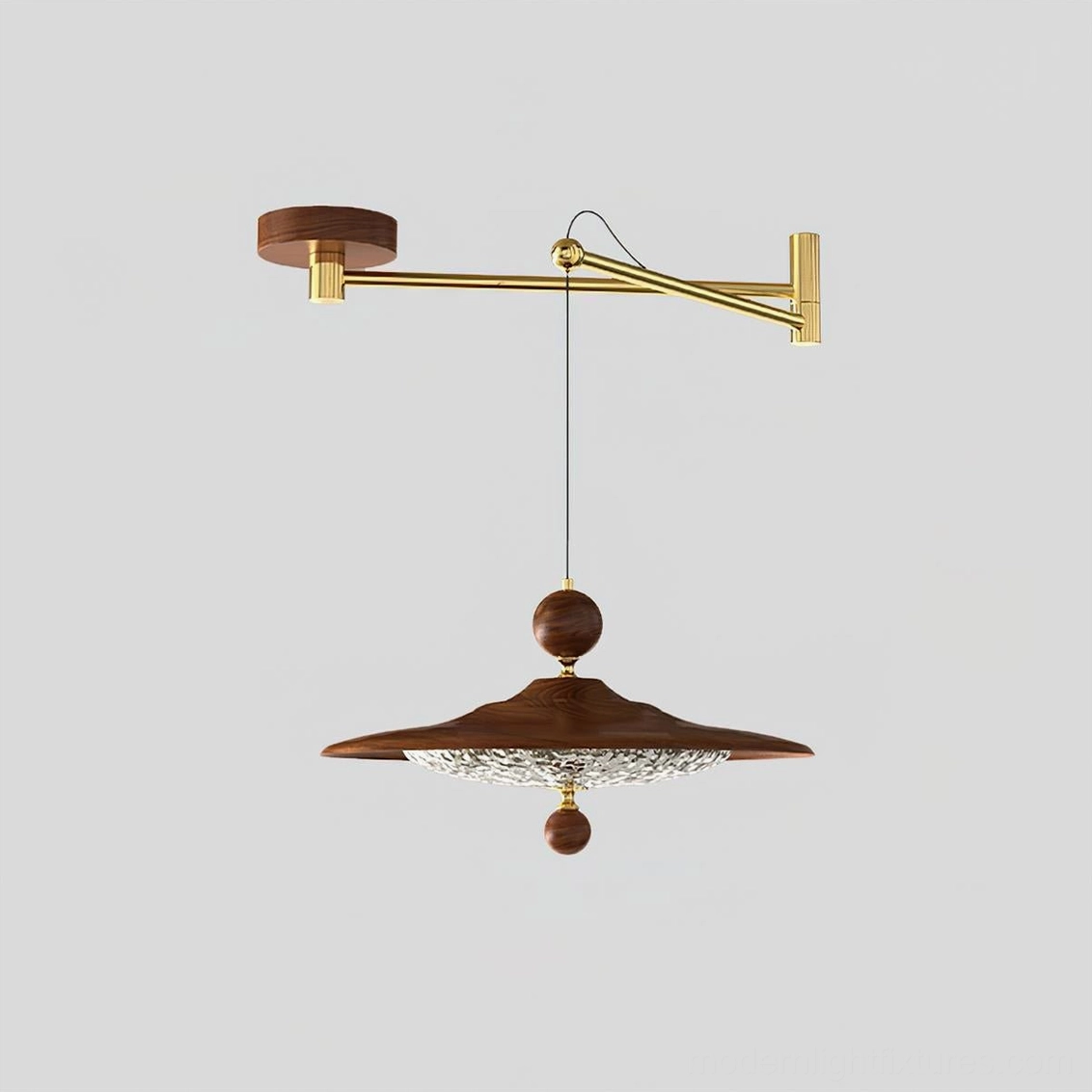 Pavilion swing arm pendant light in gold and walnut color finish, artisanal design with carved wood accents, mid-century modern lighting