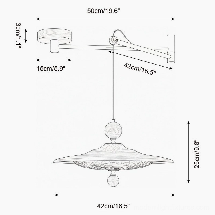 Pavilion swing arm pendant light technical drawing orthographic view, specification diagram showing dimensions 51cm diameter by 25cm height