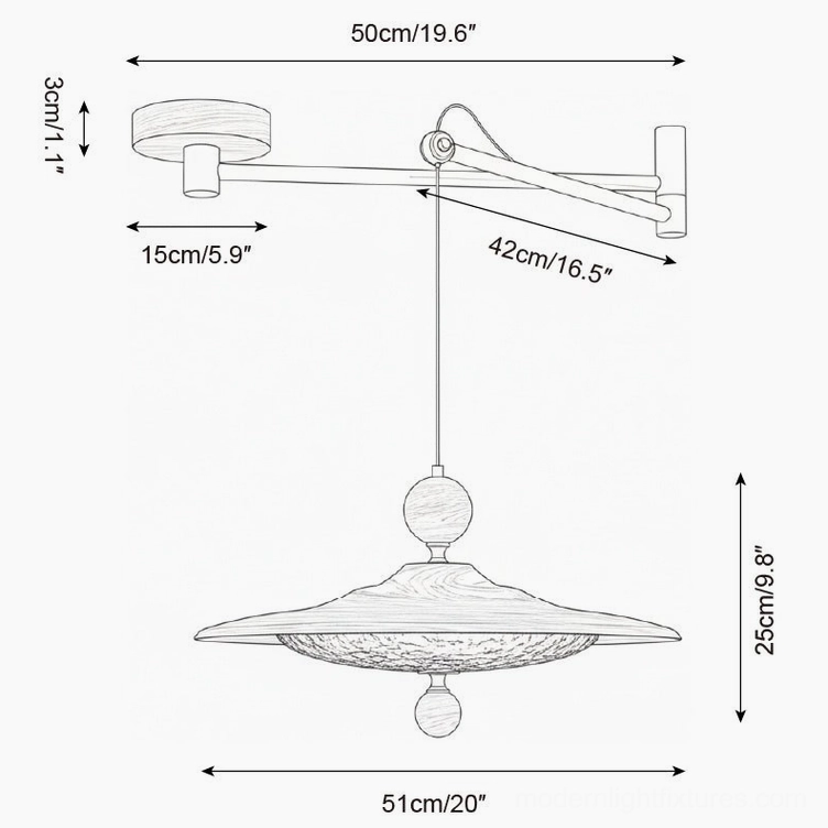Swing arm pendant lamp technical drawing orthographic illustration, product specification sheet showing 42cm diameter by 25cm height measurements