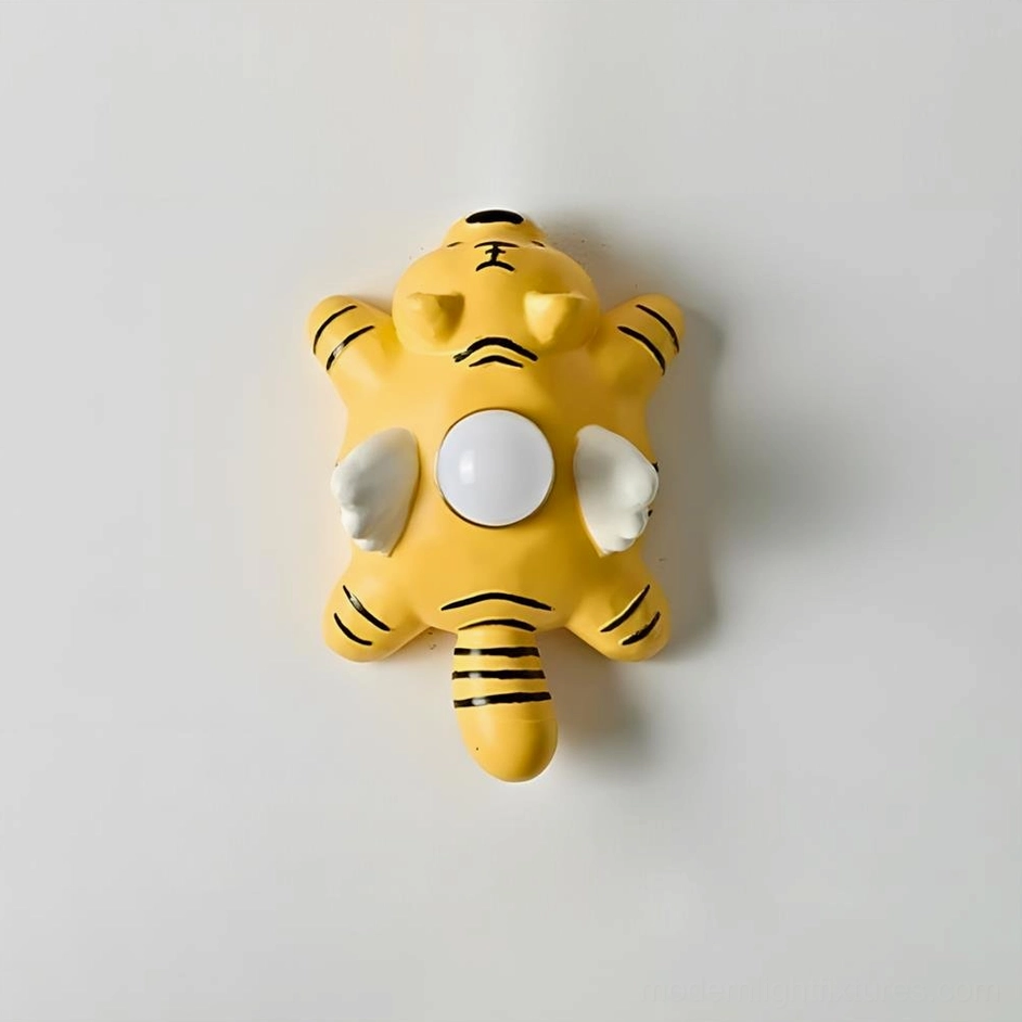 Yellow striped animal character wall sconce front view unlit on white background