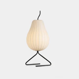 Pear-shaped floor lamp with vertical striped silk shade and black metal tripod base, front studio view