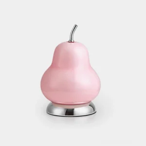Pear Glow LED table lamp with pink glossy finish and polished silver metal base, modern sculptural design on white background