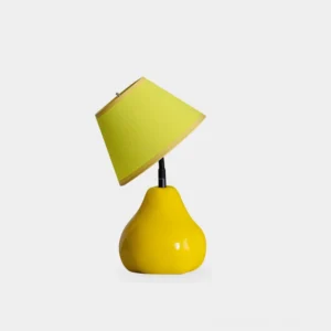 Pear-shaped table lamp with glossy yellow ceramic base and beige fabric lampshade, left three-quarter view showcasing modern minimalist design