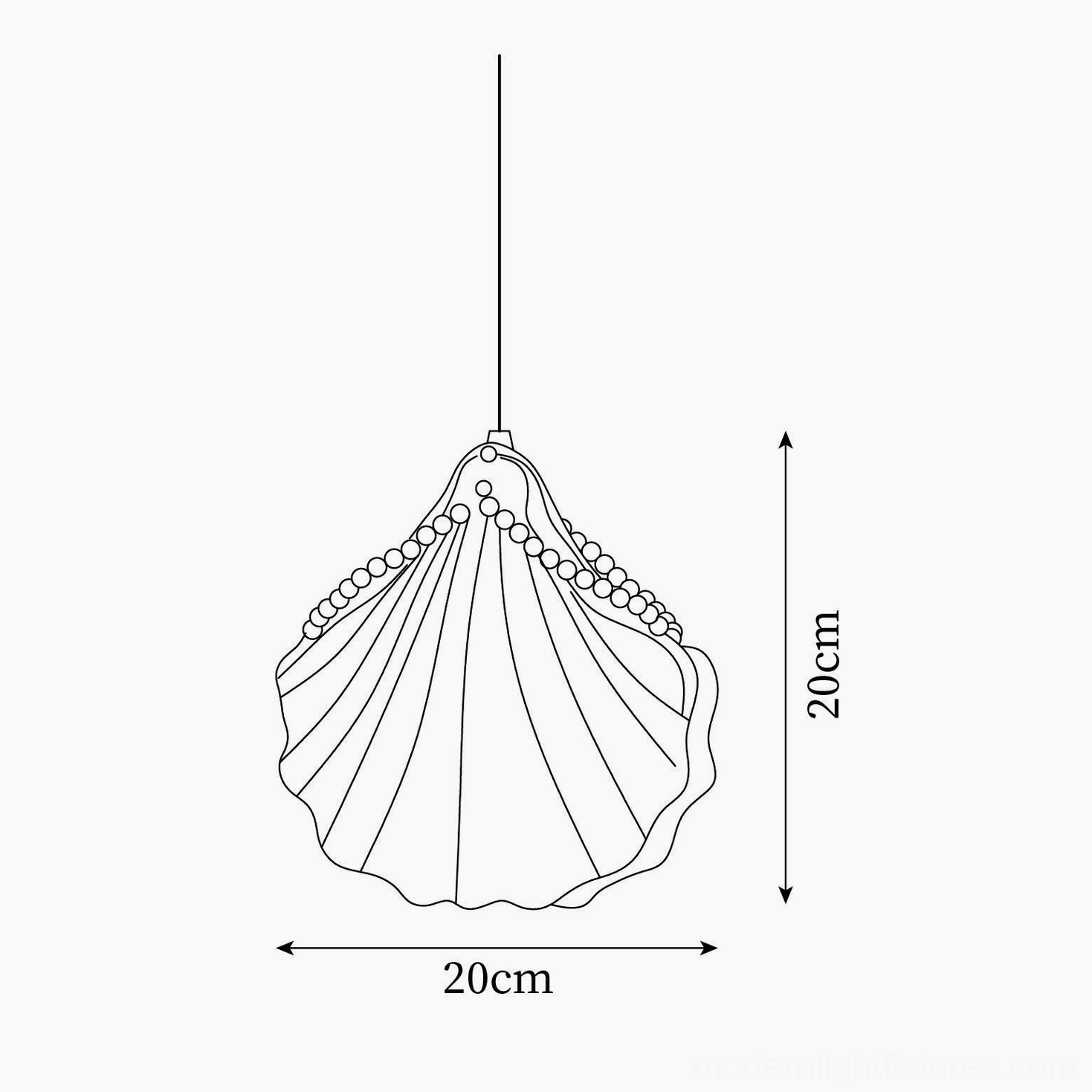 Technical line drawing specifications of pearl shell pendant light with 20cm dimensions