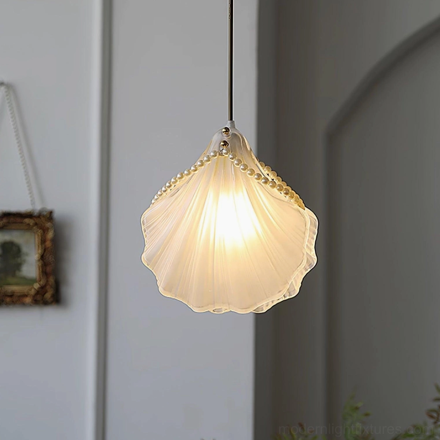 Pearl shell pendant light vintage frosted glass shade with scalloped edges and bead embellishment