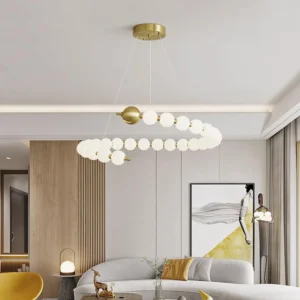 Pearl sphere pendant light in luxury modern living room, warm brass lighting fixture