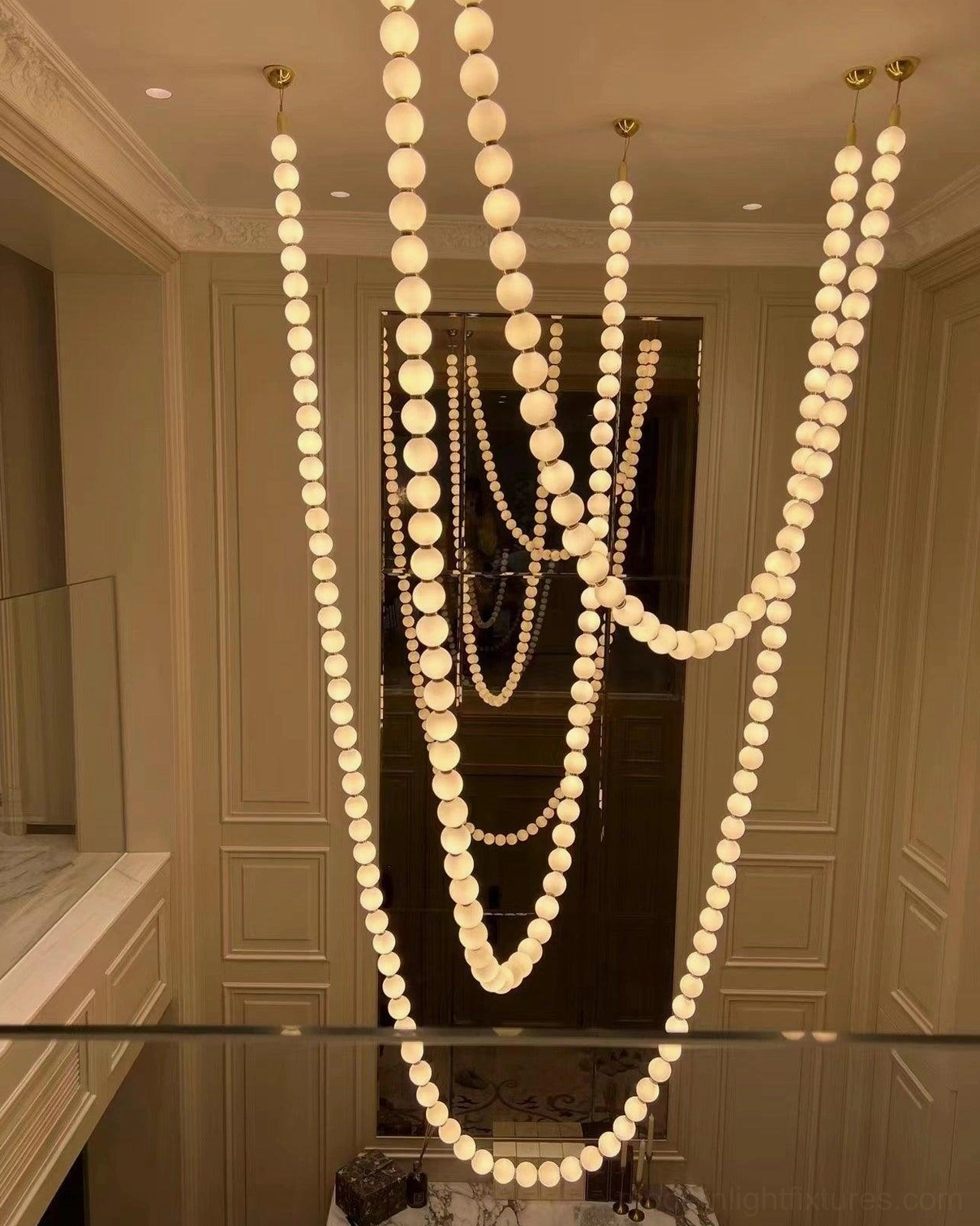 Contemporary pearl string light showing acrylic sphere transparency and light diffusion properties