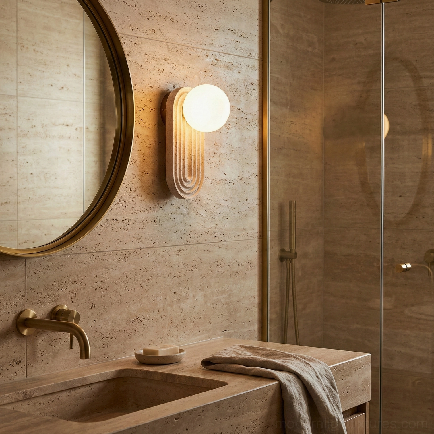 Pearla bathroom wall sconce vanity mirror gold frame travertine tile design