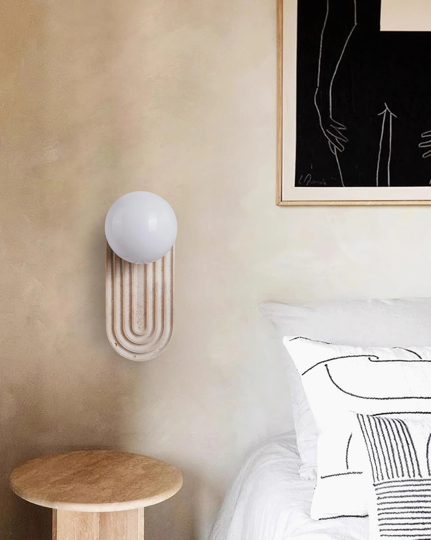 Pearla travertine sconce bedroom bedside minimalist wall art wooden furniture