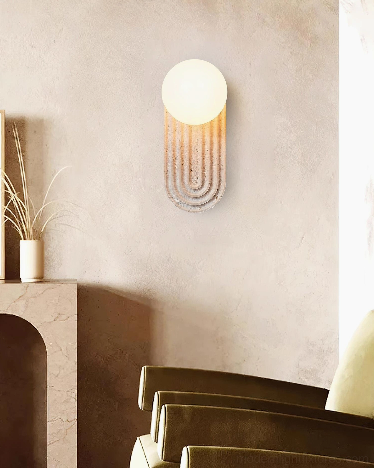 Pearla stone wall lamp living room corner modern home decor neutral design setup