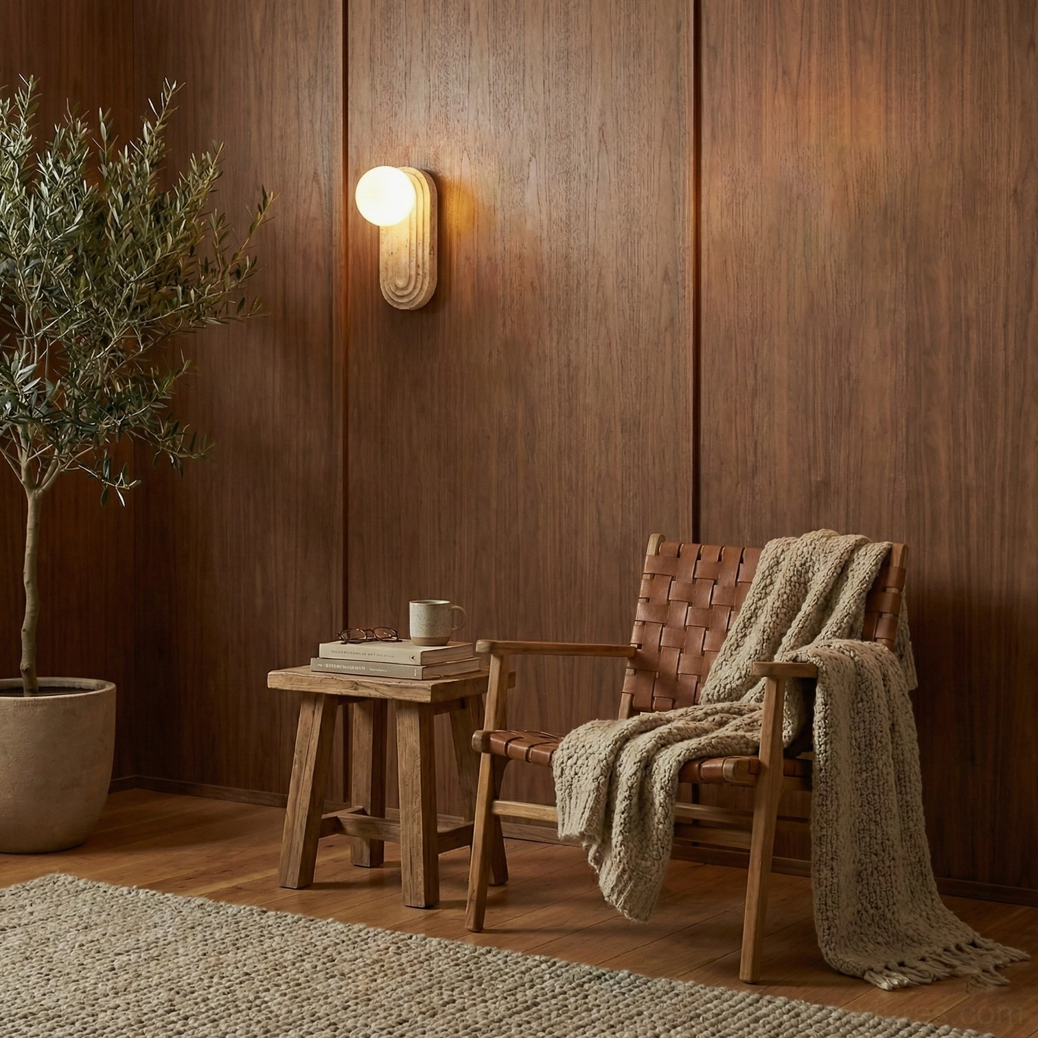 Pearla wall sconce wooden accent wall lounge woven chair potted plant decor