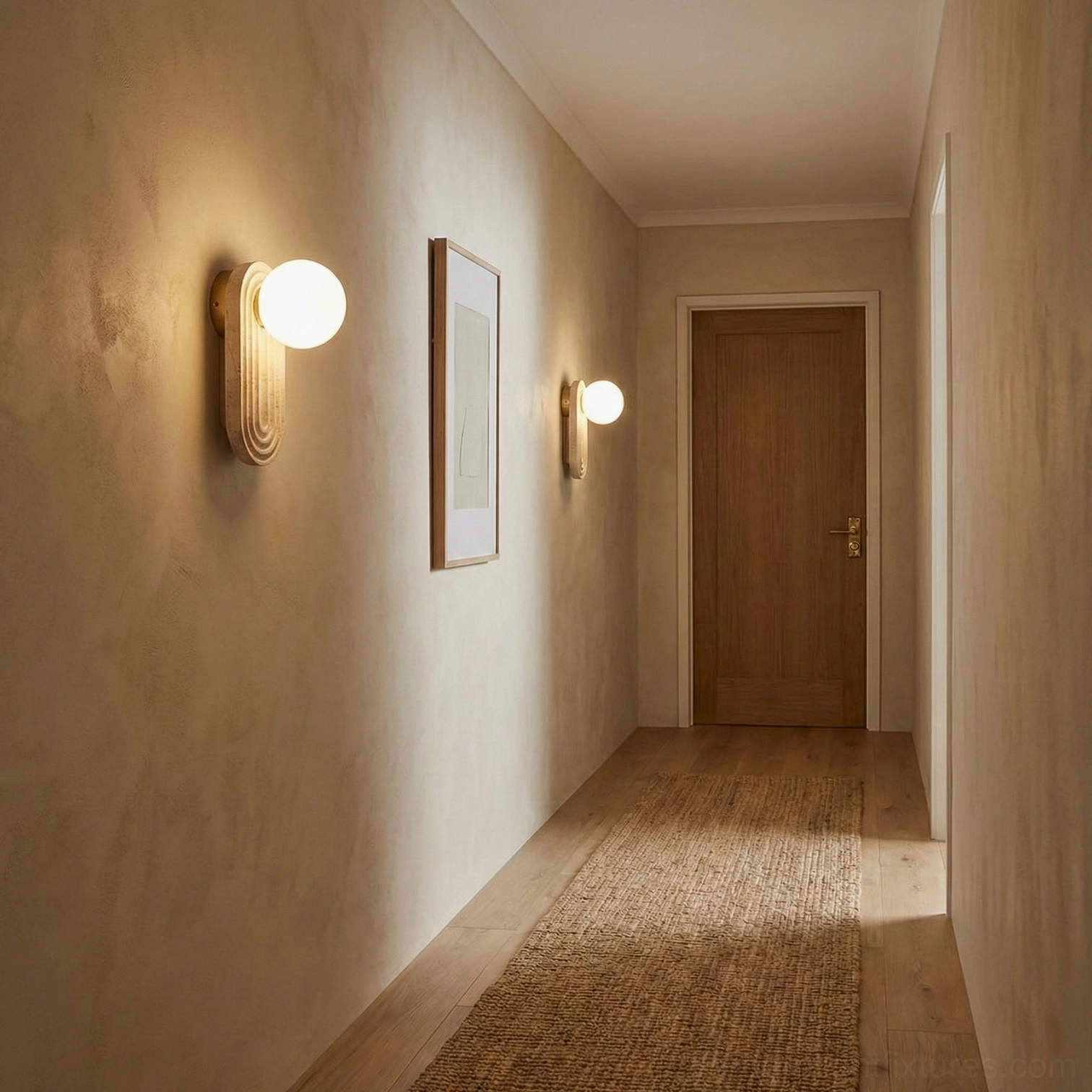 Two Pearla stone wall lamps residential hallway corridor warm neutral ambient lighting