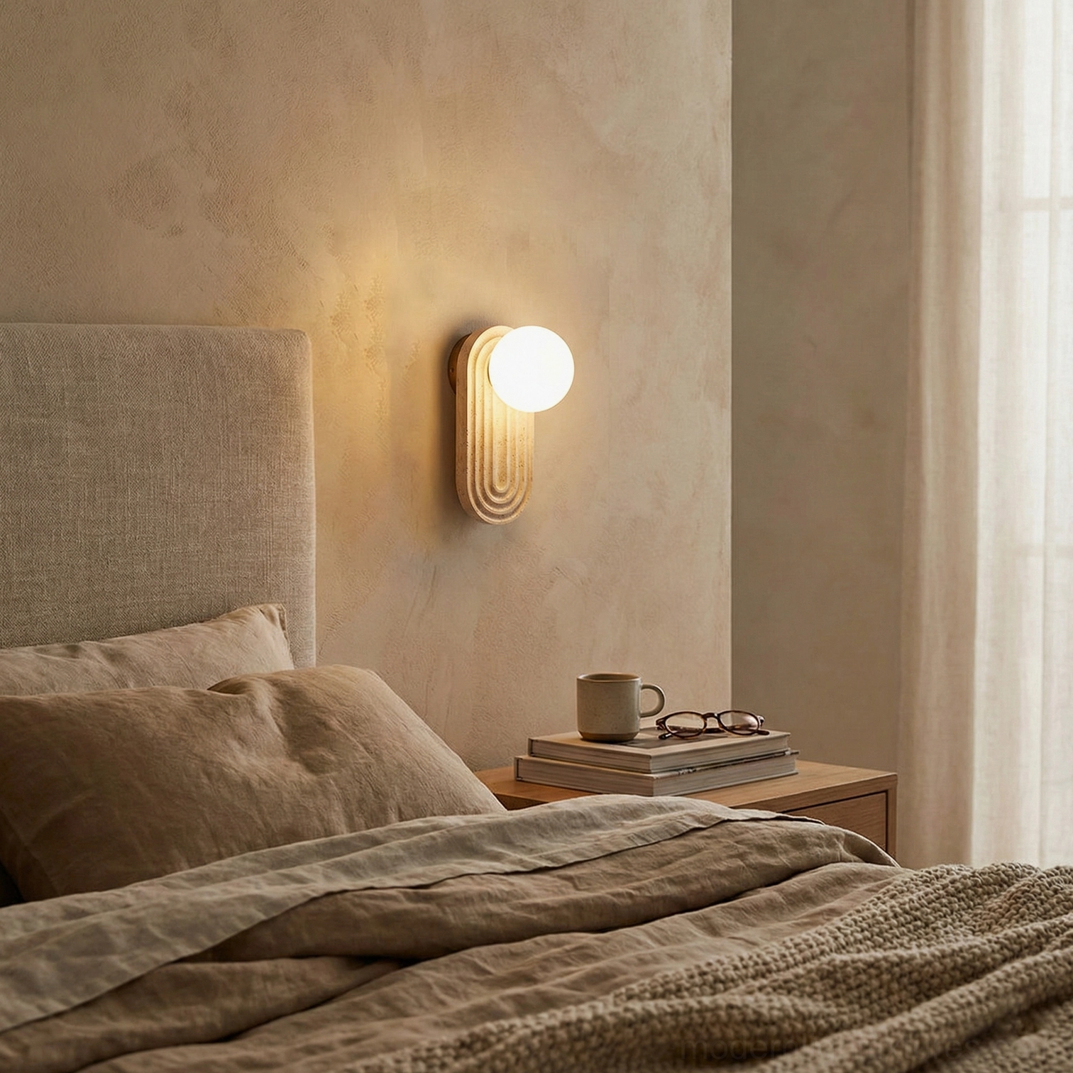 Pearla travertine wall sconce detailed close-up frosted glass globe stone base