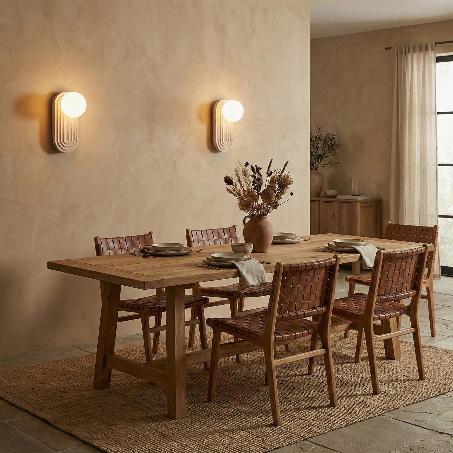 Pair of Pearla wall sconces rustic dining room warm ambient lighting wooden table