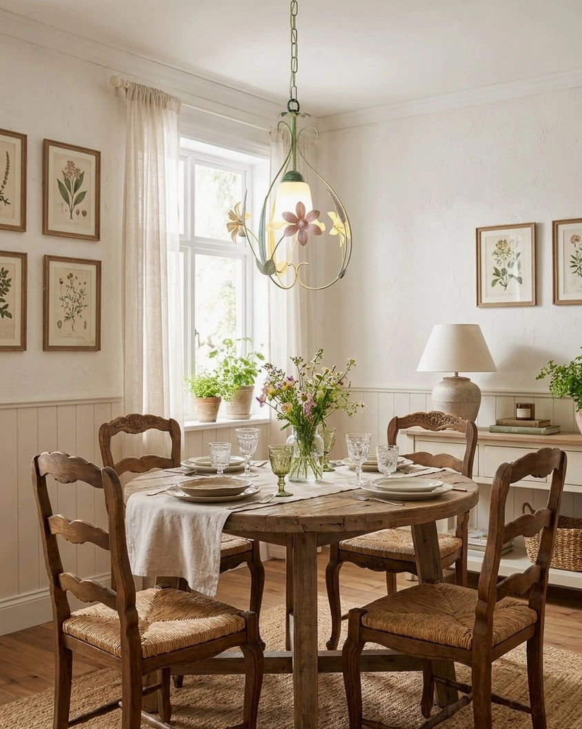 Pendant ceiling light with botanical design coordinating with wall art in cozy traditional dining room with country cottage aesthetic