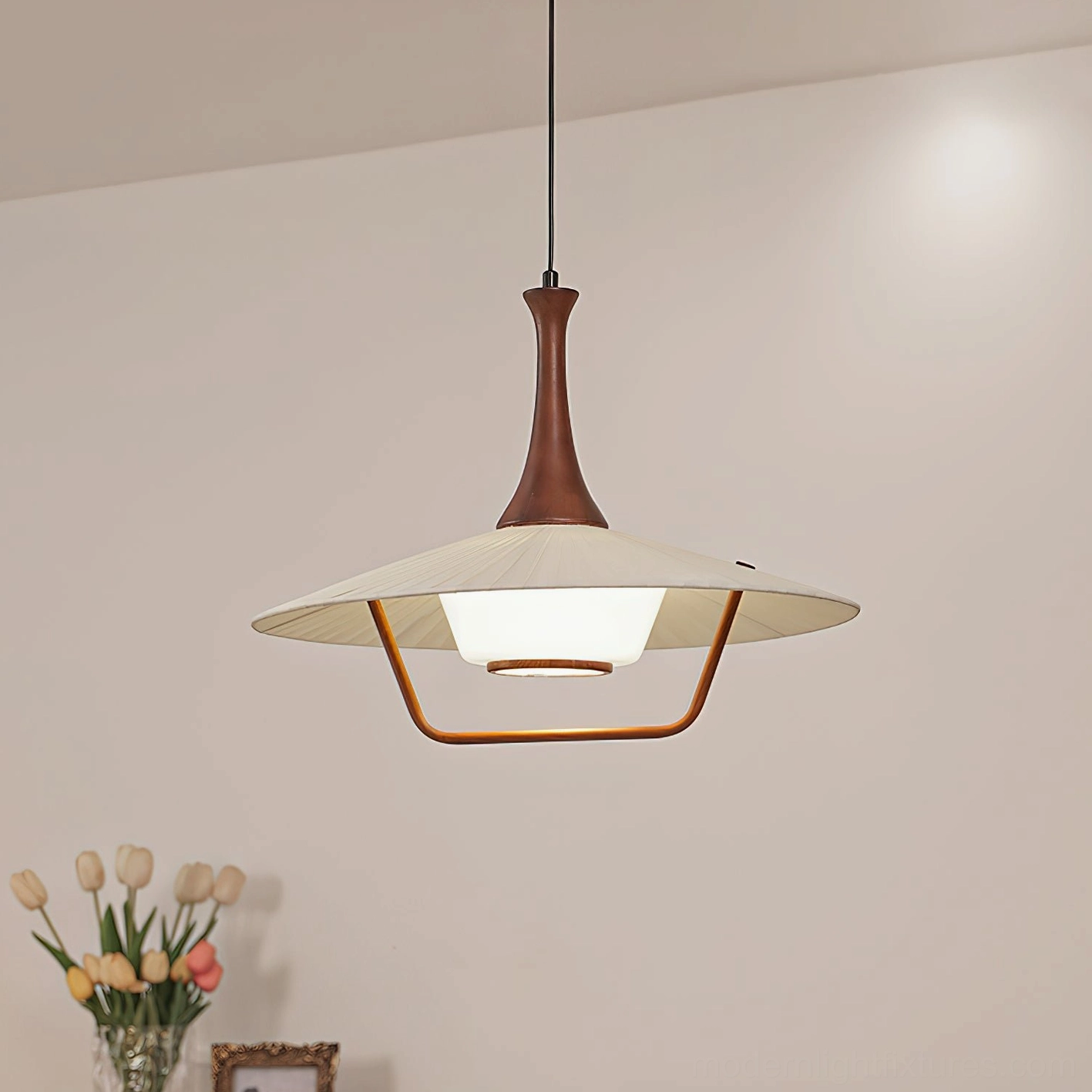 Modern pendant light fixture walnut wood spindle brass accents and folded fabric shade construction