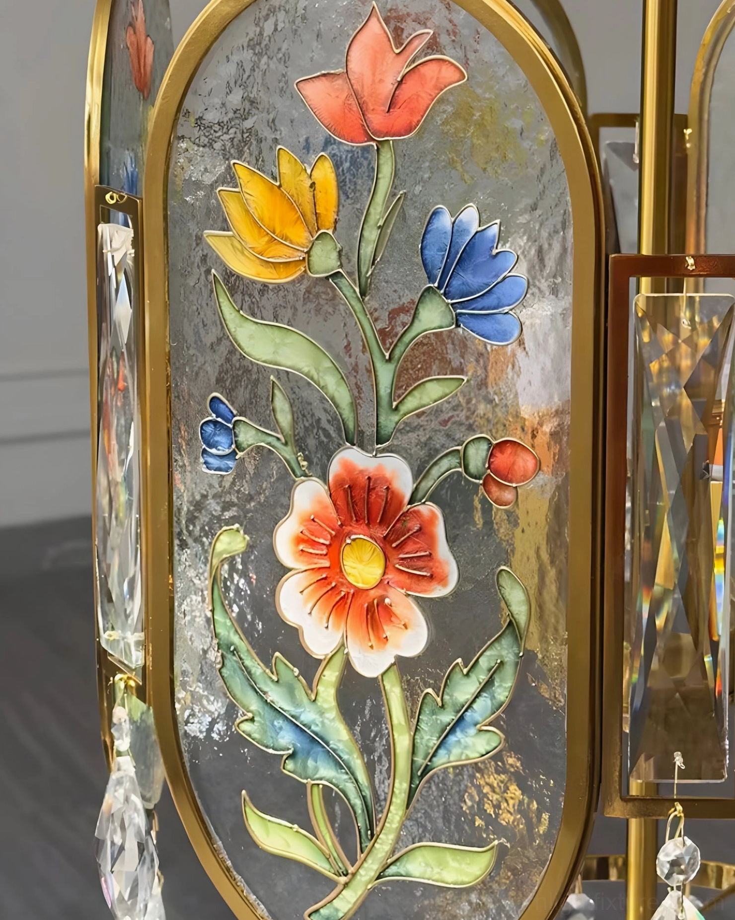 Jardinelle pendant light with hand-painted floral panels and crystal embellishments creating romantic vintage-inspired dining ambiance