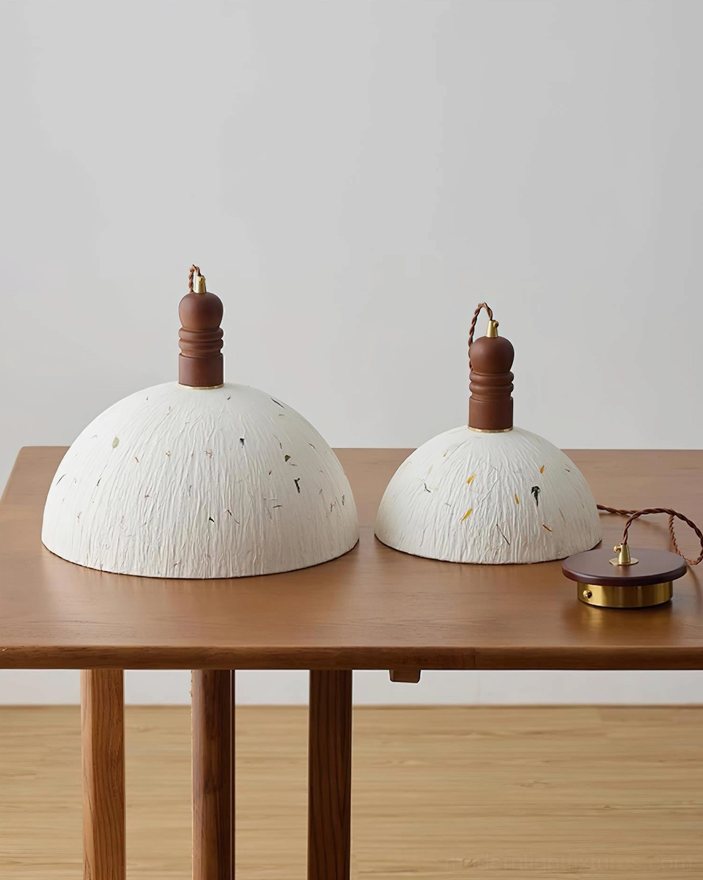 Pendant light fixture assembly showing wooden cap, metal components, and rice paper cord construction