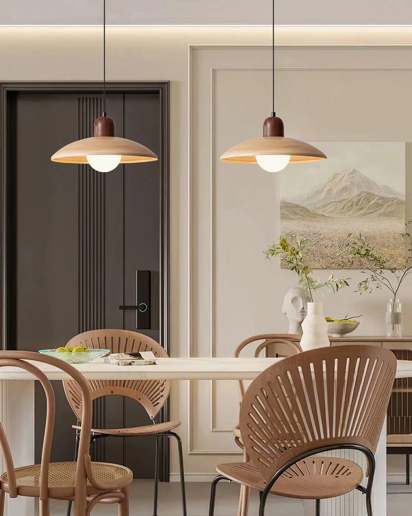 Modern pendant lamp showing color options walnut wood and natural wood finishes