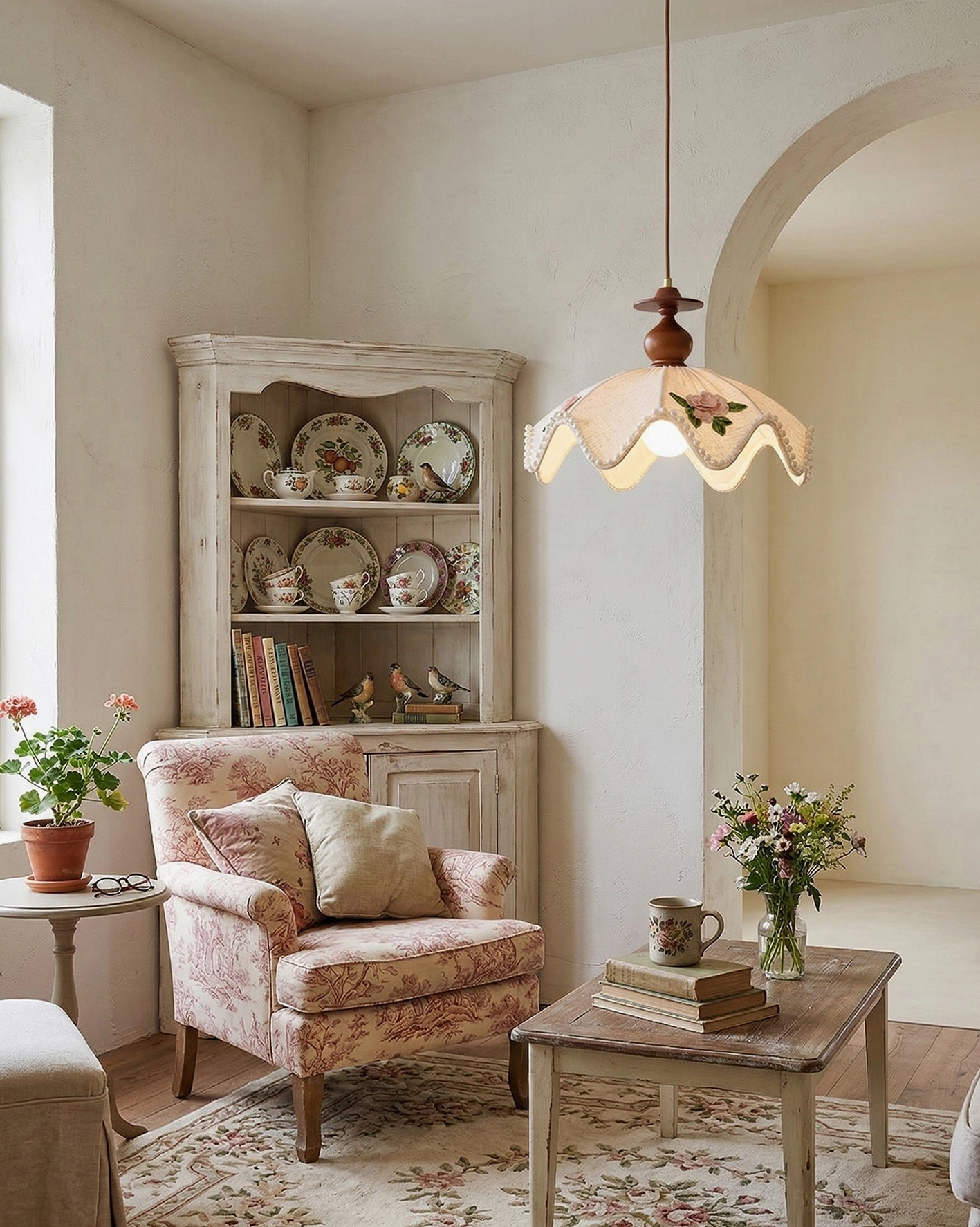 Vintage floral pendant light in small living space with cozy reading corner and armchair