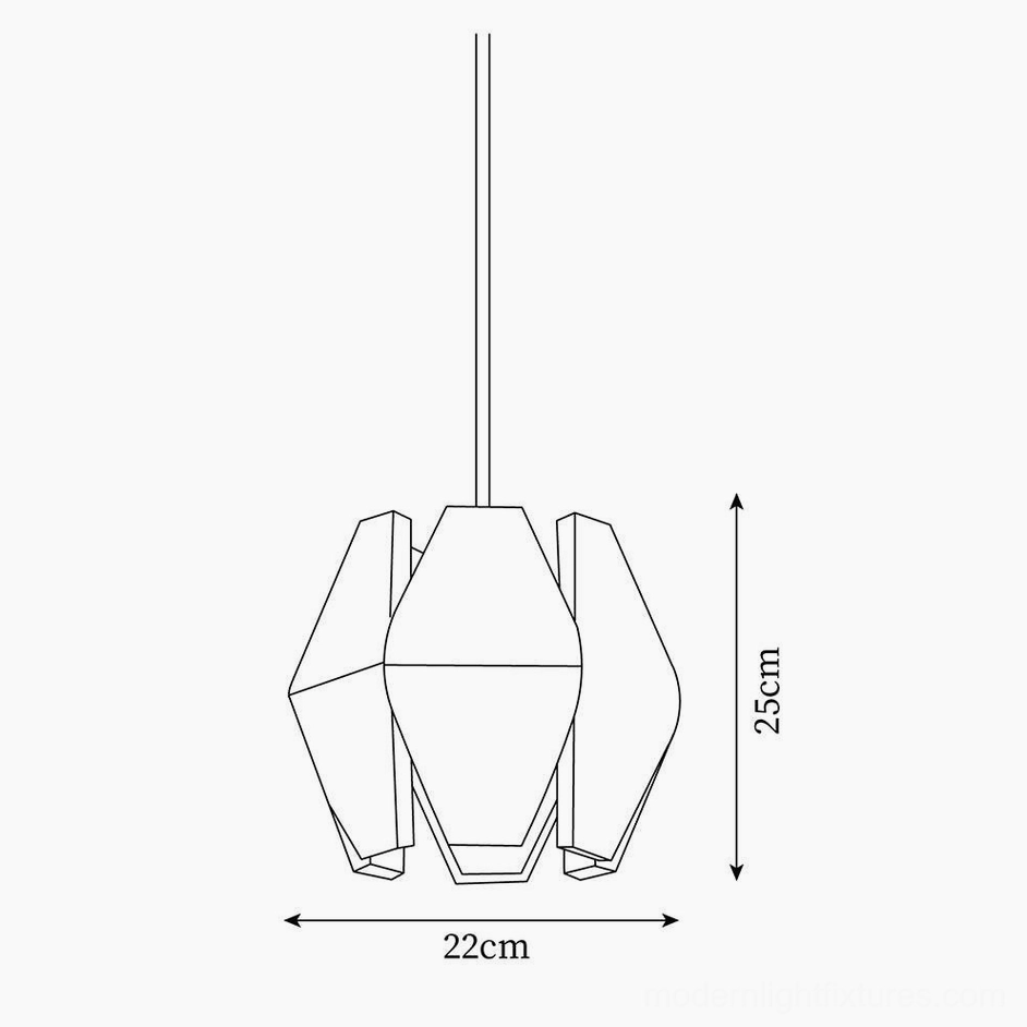 Product dimension schematic of geometric wood pendant fixture with measurements