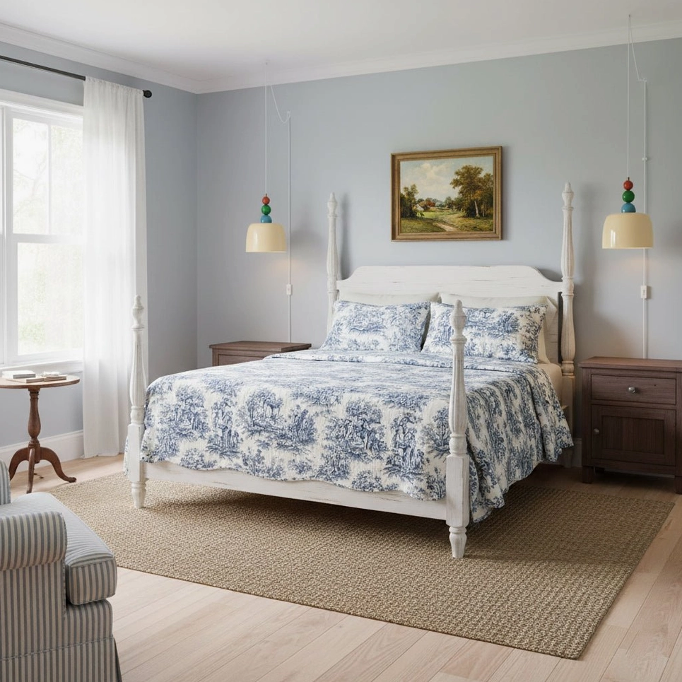 Beaded pendant lamp in bedroom with soft gray walls and white wooden bed frame