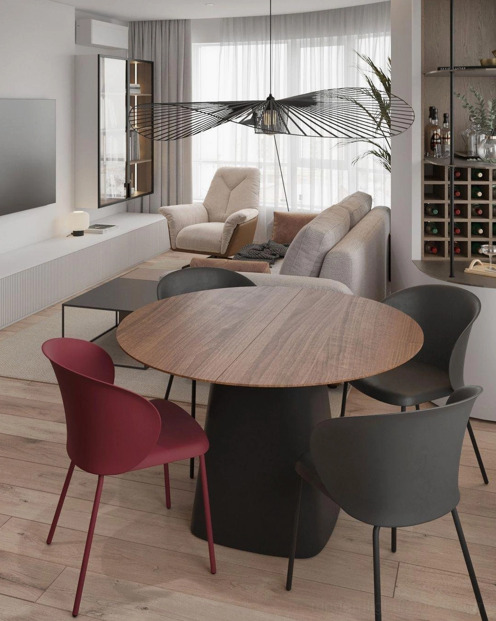 Woven fiber glass pendant suspended from ceiling attachment hardware in modern home