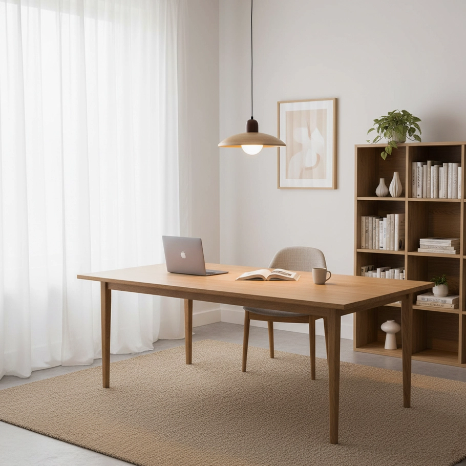Home office workspace with modern wood pendant lamp and minimalist decor