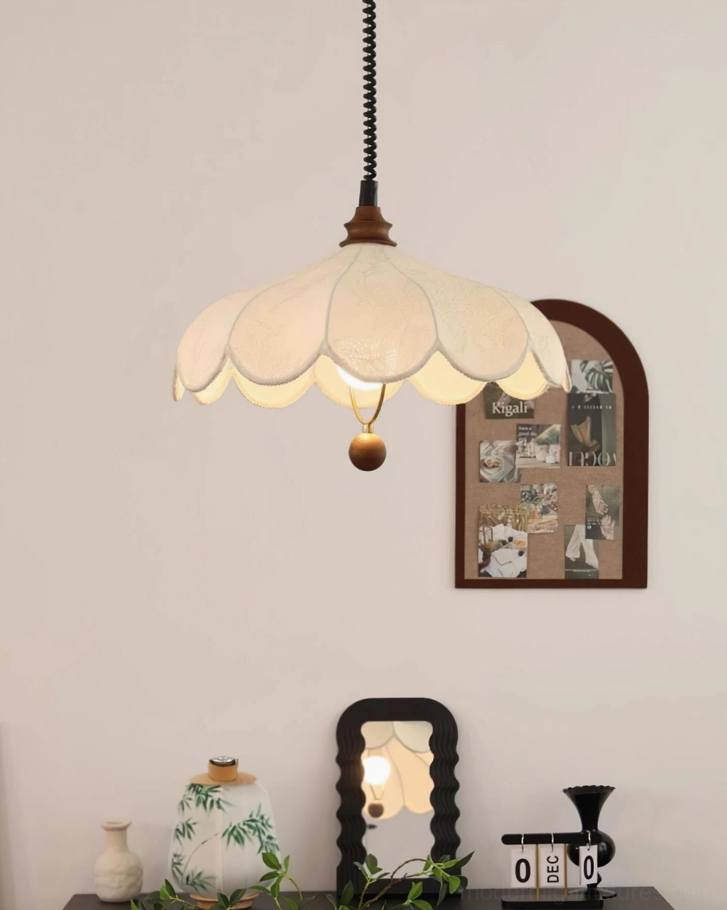 Contemporary pendant lamp mid-century modern living space with wood and metal elements